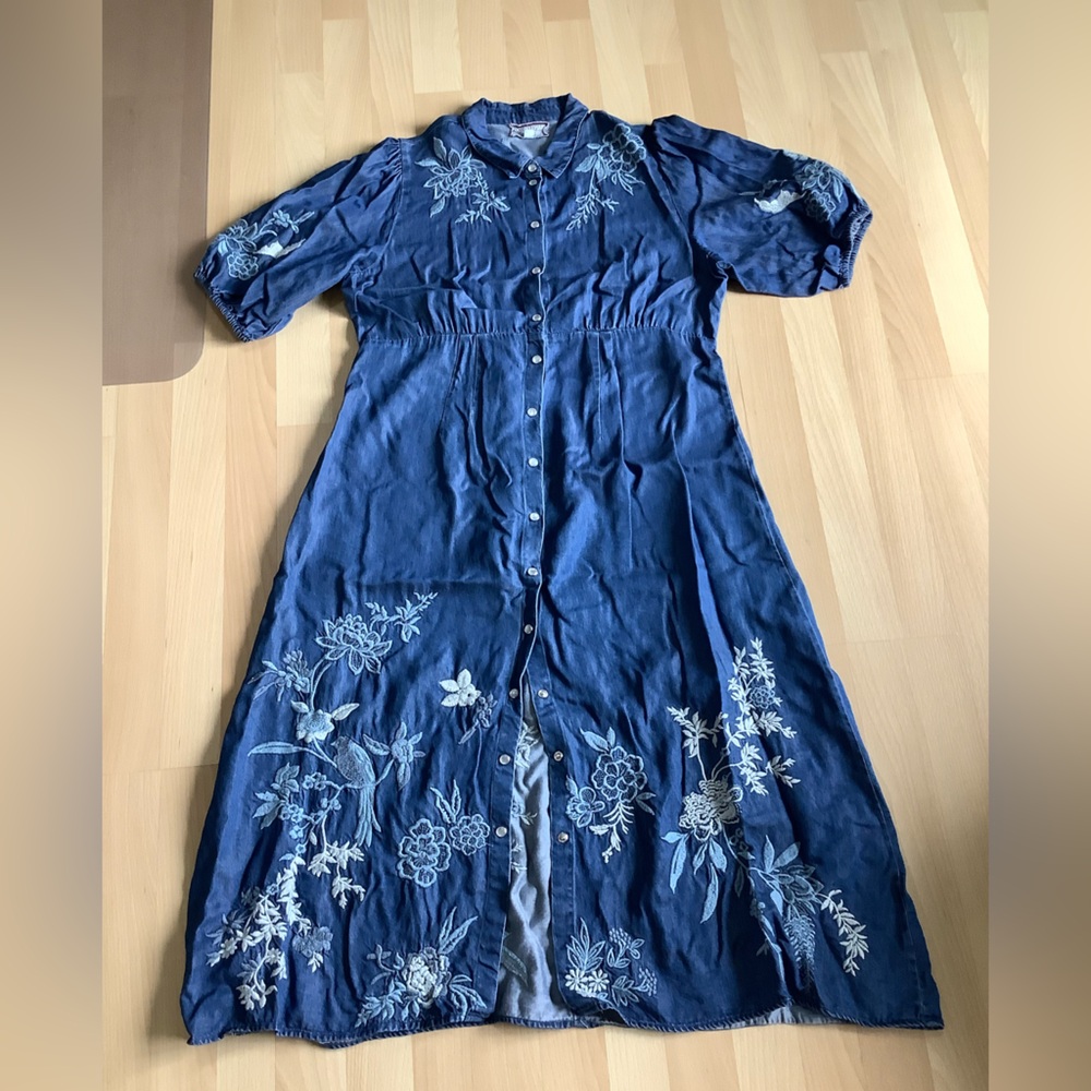 Johnny Was Denim Blue Floral Embroidered Dress